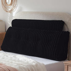 Headboard Pillow + A Long Neck Roll Pillow Body Pillow，Faux Fur Headboard Wedge Pillow with Removable Cover (Black, Queen：59x8x20 inches)