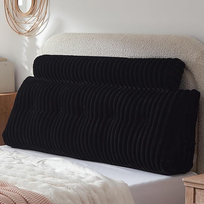 Headboard Pillow + A Long Neck Roll Pillow Body Pillow，Faux Fur Headboard Wedge Pillow with Removable Cover (Black, Queen：59x8x20 inches)