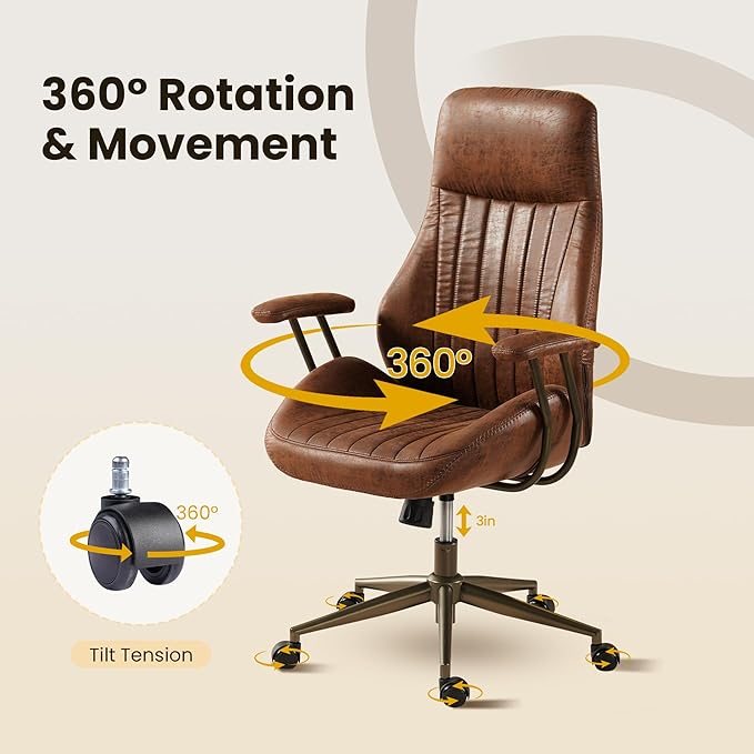 Home Office Desk Chair, Mid-Century Modern Office Chair with Adjustable Lumbar Support, Adjustable Height Executive Chair with 360 Rolling Swivel for Meeting Study Room(High Back, Dark Brown)