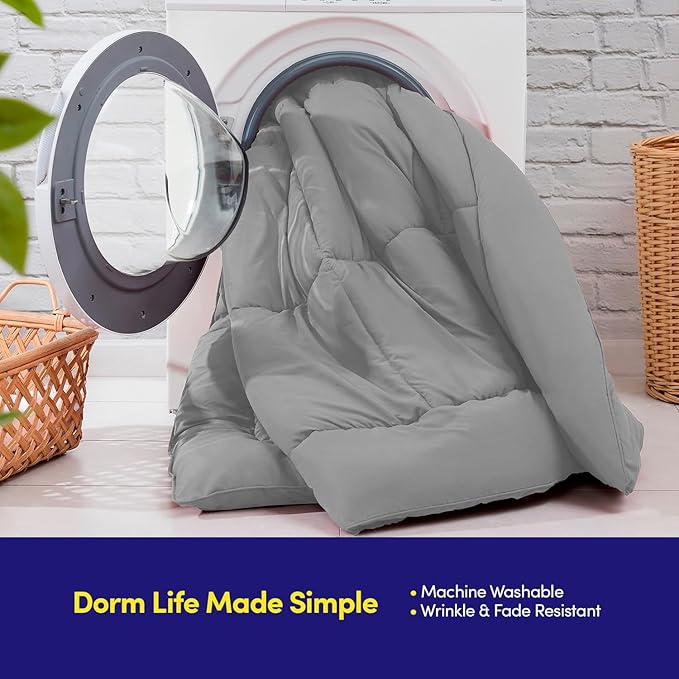 Dorm Room Essentials College Bedding Comforter Set 5 Piece Twin Size Bed in a Bag for College Students Boys and Girls, Twin, Silver