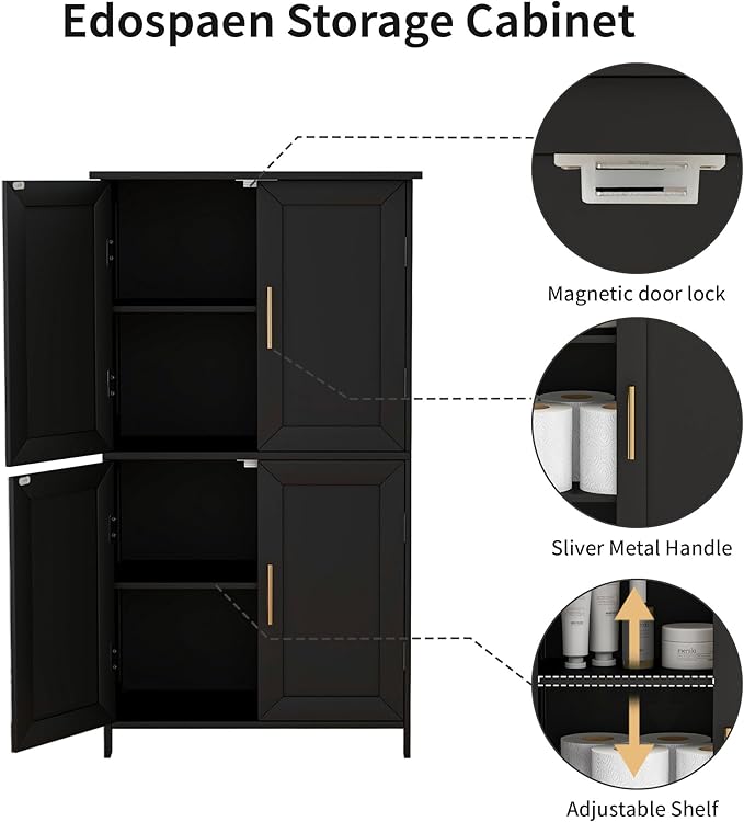 Bathroom Storage Floor Cabinet Freestanding Organizer with Adjustable Shelves for Bathroom Laundry Room,4 Doors