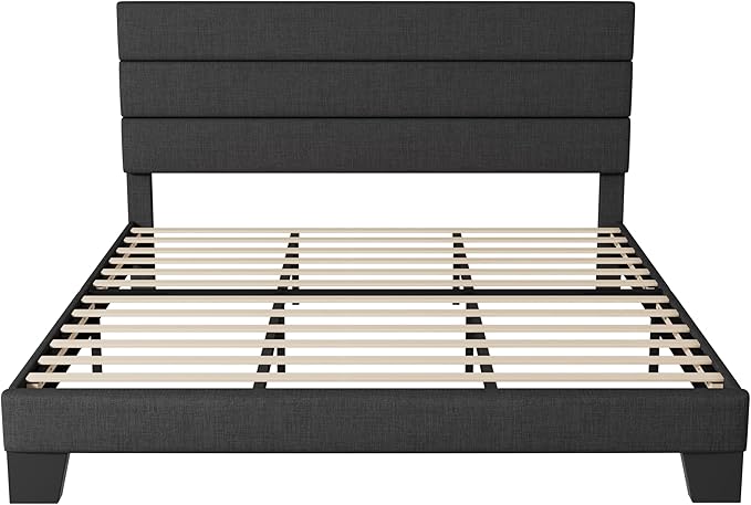 Allewie King Bed Frame Platform Bed with Fabric Upholstered Headboard and Wooden Slats Support, Fully Upholstered Mattress Foundation/No Box Spring Needed/Easy Assembly, Dark Grey