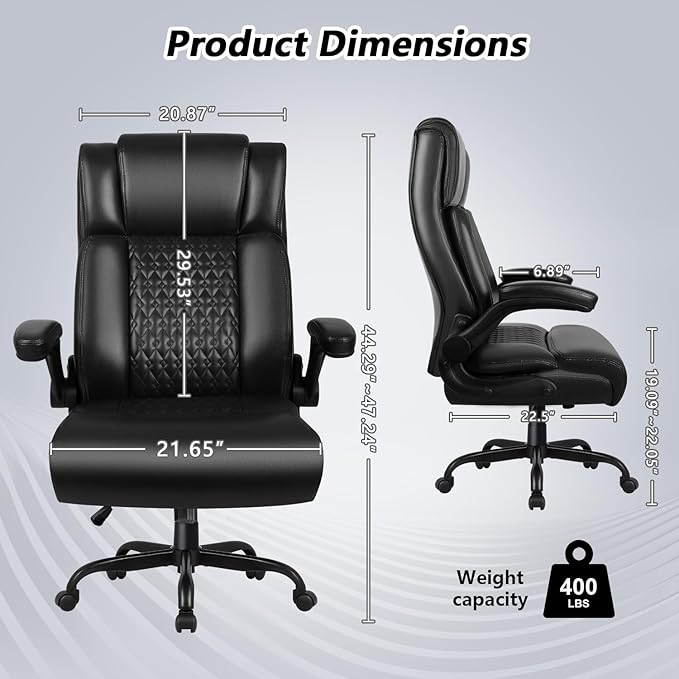 Big and Tall Office Chair, Ergonomic Leather Office Computer Desk Chair, Black Heavy Duty Office Chair with Flip-up Armrest, Comfortable High Back Home Chair 400 LBS with Lumbar Support