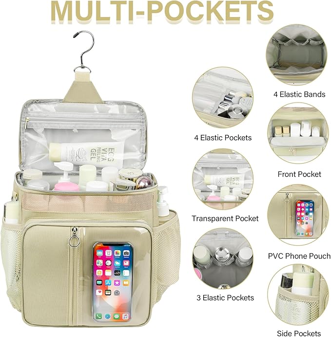 Portable Shower Caddy College, Quickly Dry Tolietry Mesh Tote Bag for Dorm Room Essentials, Hanging Bathroom Organizer Bag for Travel, Gym, Camping (Apricot)