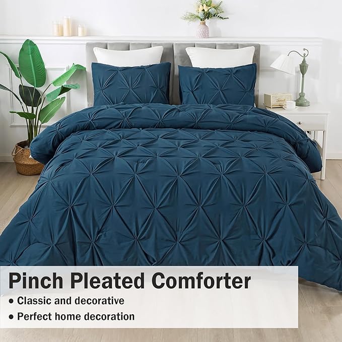Andency Navy Blue Pinch Pleat Comforter Twin(66x90Inch), 2 Pieces(1 Pintuck Comforter, 1 Pillowcase) Microfiber Pintuck Comforter Set Down Alternative Comforter Bedding Set