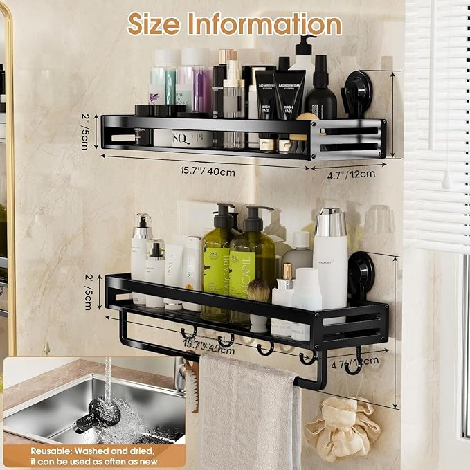 Shower Caddy Suction Cup, 15.8 inch 2 Pack Suction Shower Shelf with Hooks NO-Drilling Bathroom Holder, Rustproof Bathroom Organizer, Black,Includes 2 Extra Suction Cups for Replacement Use