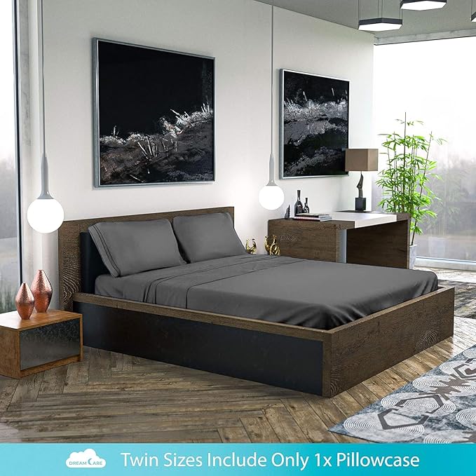 DREAMCARE King Size Sheets Set - Cooling Bed Sheets - 4pcs Set - up to 15" Deep Pocket King Sheet Set – Soft & Long Lasting Cooling - 100% Fine Brushed Polyester with Side Pocket - Dark Gray DREAMCARE