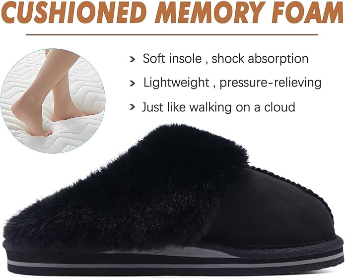 KuaiLu Womens Fluff Dual Memory Foam Slippers Ladies Cozy Arch Support Warm Scuff Slippers Slip on Comfy Winter House Shoes with Non-Slip Indoor Outdoor Hard Sole