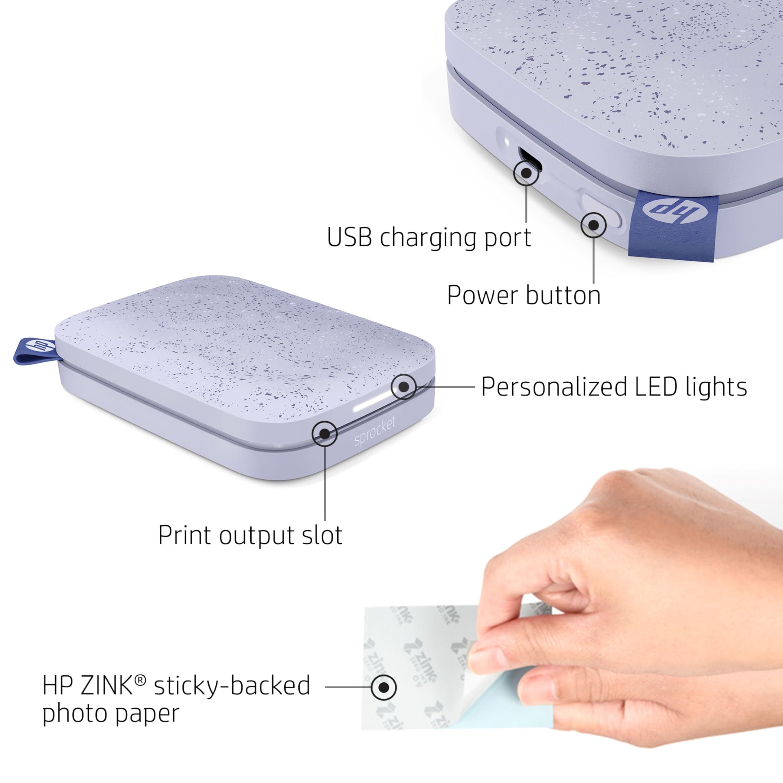 HP Sprocket Portable 2x3 Instant Photo Printer (Lilac) Print Pictures on Zink Sticky-Backed Paper from Your iOS & Android Device.