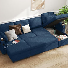 DURASPACE Sofa Bed Pull Out Couch Sleeper with Double Storage Chaise, U Shaped Convertible Sectional Sleeper Sofa for Living Room with USB Charging Ports, Cup Holder (Blue)
