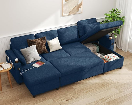 DURASPACE Sofa Bed Pull Out Couch Sleeper with Double Storage Chaise, U Shaped Convertible Sectional Sleeper Sofa for Living Room with USB Charging Ports, Cup Holder (Blue)