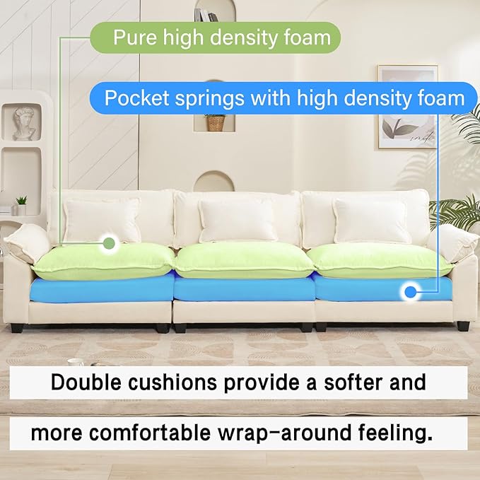 120" Modular Sectional Sofa, Comfy Cloud Couch Sectional Sofa, Chenille Sofa Sleeper Deep Seat Sofa with Throw Pillows for Living Room (Beige White, 120"- 3 Seater)