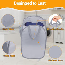 Sturdy Collapsible Laundry Baskets with Side Pocket, Pop Up Laundry Hamper Lightweight, Foldable Thick Fabric Clothes Basket with Reinforced Handles for Bedrooms, Dorm, Bathrooms, Travel Grey