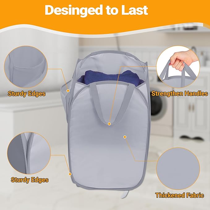 Sturdy Collapsible Laundry Baskets with Side Pocket, Pop Up Laundry Hamper Lightweight, Foldable Thick Fabric Clothes Basket with Reinforced Handles for Bedrooms, Dorm, Bathrooms, Travel Grey