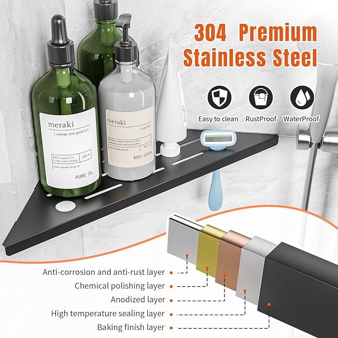 Corner Shower Shelf with Razor Hole, Modern Sturdy Shower Caddy, 10" 304 Stainless Steel Shower Organizers Bathroom Shelf for Tile Wall, No Drilling Grout Mount Shelf for Shower,Bathroom Accessories