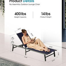 Ciokea Upgraded Aluminum Outdoor Lounge Chair - No Assembly Needed, Foldable Patio Chaise Lounge with 5 Adjustable Positions, Reinforced Frame for Extra Durability, Pool Beach Lounge Chair, Navy Blue