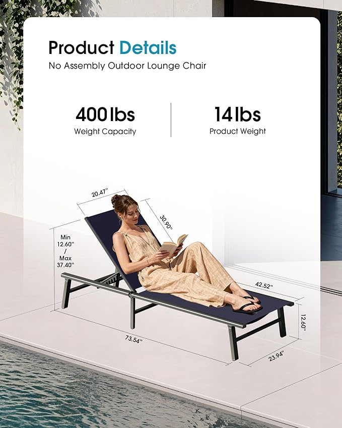 Ciokea Upgraded Aluminum Outdoor Lounge Chair - No Assembly Needed, Foldable Patio Chaise Lounge with 5 Adjustable Positions, Reinforced Frame for Extra Durability, Pool Beach Lounge Chair, Navy Blue