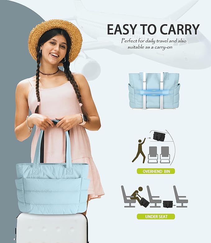 Puffer Tote Bag for Women, Cute Quilted Carryall with Zippered Compartments Shoulder Bag Handbag for Work, Travel, Gym