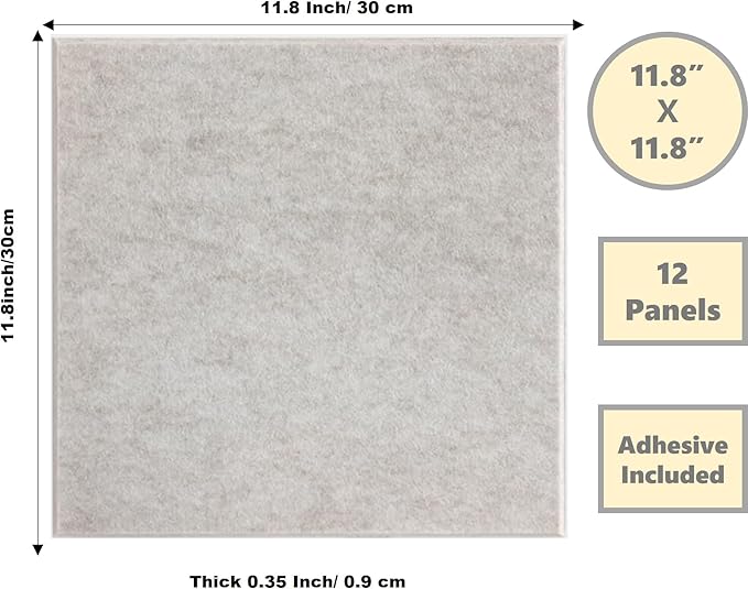 12-Pack Ivory Felt Wall Tiles(11.8“x11.8”Each), 47.2“x 35.4” Large Cork Board Alternative, Self-Adhesive Bulletin Pin Board for Office Home Kitchen Photos & Memos