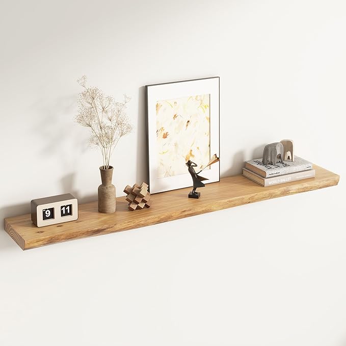 Live Edge Elm Floating Shelves for Wall Decor, Rustic Solid Wood Shevles Wall Mounted with Invisible Bracket for Living Room Bathroom Bedroom Kitchen, 55 Inch Set of 1, Natural