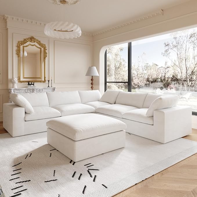 Cloud Modular Sectional Sofa Couch,Oversized Couch 6 Seater for Living Room,160.6" V Shaped Convertible Couches with Storage Ottoman, Covers Washable&Replaceable,White
