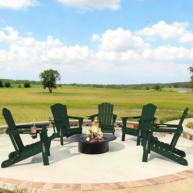 Adirondack Chair Set of 4, Folding All-Weather Outdoor HDPE Patio Chair with Cup Holder, Green