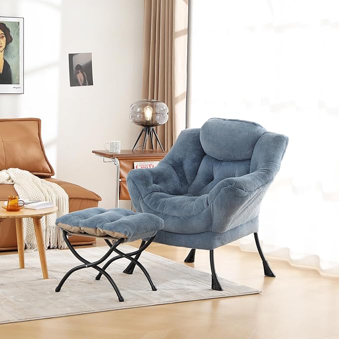 Cozy Lazy Chair and Ottoman, Large Contemporary Accent Lounge Chair Set, Leisure Upholstered Reading Armchair for Bedroom, Living Room, Dorm Rooms, Office