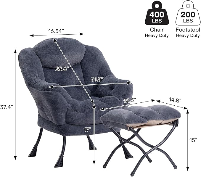 HollyHOME Lazy Chair with Foldable Ottoman, Accent Comfy Lounge Armchair and Folding Footrest Stool, Leisure Sofa Reading Chair and Footstool for Living Room, Bedroom, Dorm,Faux Fur Navy Blue