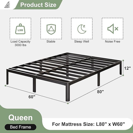 12 Inch Queen Bed Frame with Rounded Corner Legs, 2000 LBS Heavy Duty Metal Queen Platform Bed Frame with Steel Slats Support, No Box Spring Needed, Noise Free, Easy Assembly