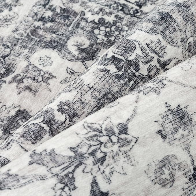 8x10 Washable Neutral Area Rug Black Vintage Living Room Bedroom Carpet Non-Slip Soft Low Pile Floral Indoor Large Throw Rug for Dining Room Office
