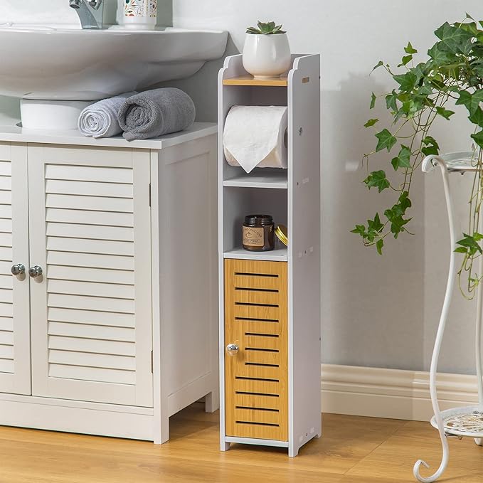 AOJEZOR Toilet Paper Holder Stand: Small Bathroom Storage Cabinet- White&Bamboo