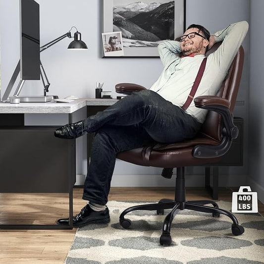 LEMBERI Flip-up Arms Office Desk Chair Big and Tall Managerial Executive Chair, High Back Computer Chair Ergonomic Adjustable Height PU Leather Chairs with Armrest for Long Time Sitting