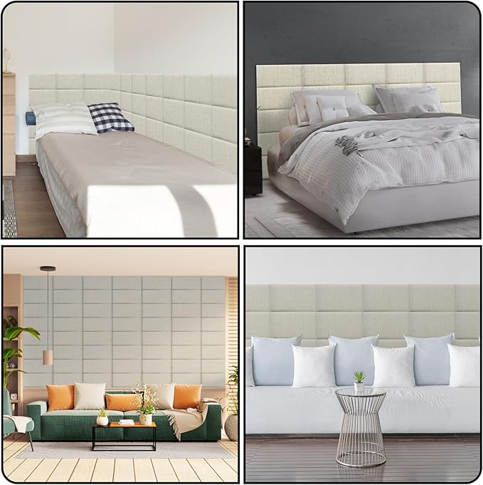 4 Piece Linen Fabric Peel and Stick Headboard, Upholstered Wall Mounted Headboard for Twin, 3D Anti-Collision Soundproof Self-Adhesive Wall Panel for Bedroom 16.53" x 9.84"