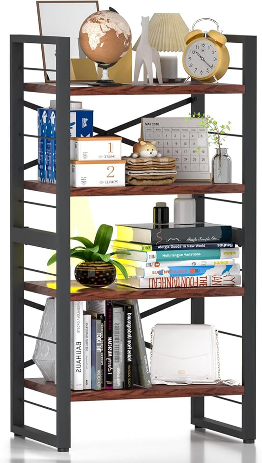 4-Tier Small Bookshelf, Compact Metal & Wood Bookcase for Small Spaces, Open Storage Shelves with Adjustable Feet, Easy Assembly, 11.2" D x 16.4" W x 31.9" H (Black)