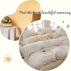 MKXI Queen Size Pink & Yellow Floral Ruffled Comforter Set - 3 Piece Cottagecore Style Reversible Bed Set with Beige Plaid Pattern, Soft Aesthetic Bedding Set for Girls Wome