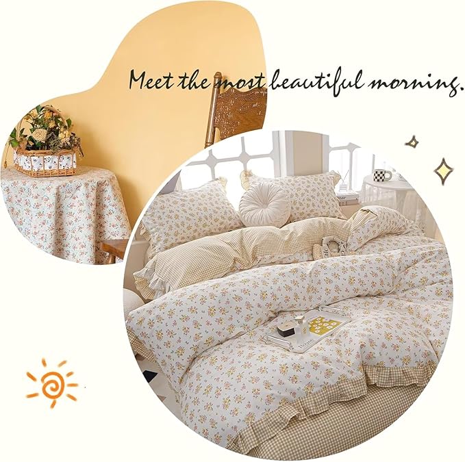 MKXI Queen Size Pink & Yellow Floral Ruffled Comforter Set - 3 Piece Cottagecore Style Reversible Bed Set with Beige Plaid Pattern, Soft Aesthetic Bedding Set for Girls Wome