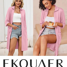 Ekouaer Zipper Robes for Women 3/4 Sleeve Housecoats Knee Length Bathrobe Lightweight Nightgown with Pockets S-3XL