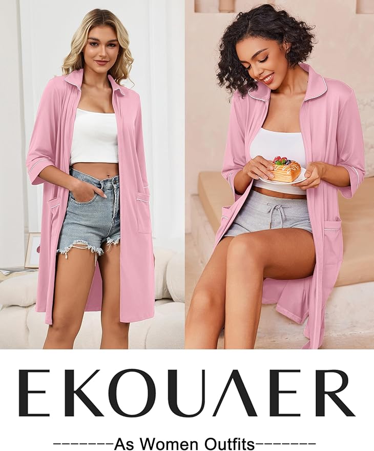 Ekouaer Zipper Robes for Women 3/4 Sleeve Housecoats Knee Length Bathrobe Lightweight Nightgown with Pockets S-3XL