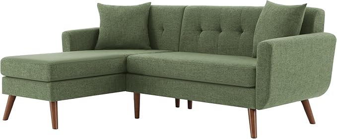 Tbfit L Shaped Couch Sofa, 80" W Mid-Century Modern Sectional Couches, 3 Seater Sofas with Wide Chaise Lounge, Button Tufted Upholstered Sectional Sofa for Living Room, Bedroom, Green