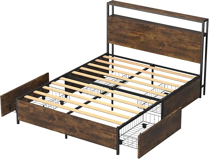 Panana 14 Inch Full Size Bed Frame,Industrial Metal Platform Bed Frame with 2 Tier Storage Wooden Headboard and Footboard,4 Storage Drawers,No Box Spring Needed,Black&Brown