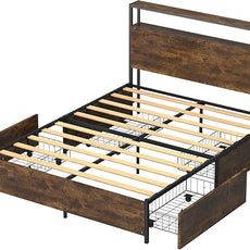 Panana 14 Inch Full Size Bed Frame,Industrial Metal Platform Bed Frame with 2 Tier Storage Wooden Headboard and Footboard,4 Storage Drawers,No Box Spring Needed,Black&Brown