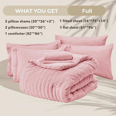 HYMOKEGE Pink Full Size Comforter Sets Seersucker 7 Pieces, All Season Luxury Bed in a Bag for Bedroom, Bedding Set with Comforters, Sheets, Pillowcases & Shams