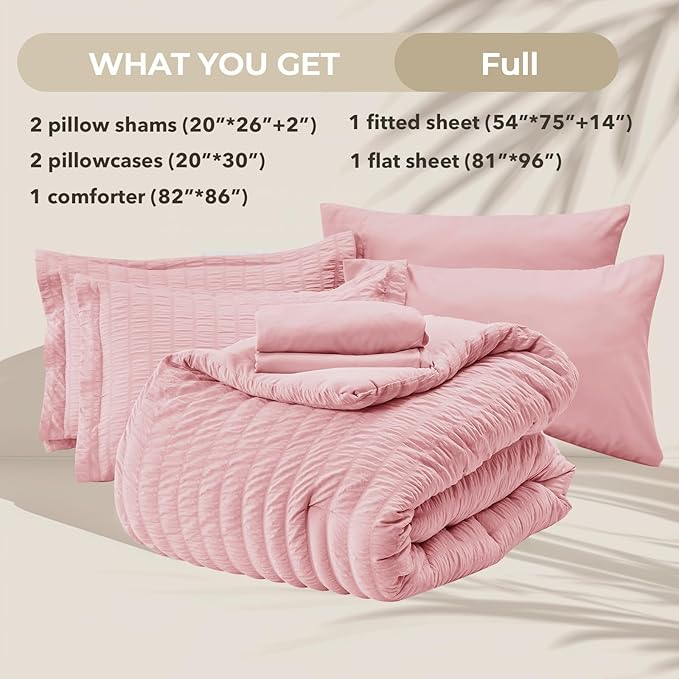 HYMOKEGE Pink Full Size Comforter Sets Seersucker 7 Pieces, All Season Luxury Bed in a Bag for Bedroom, Bedding Set with Comforters, Sheets, Pillowcases & Shams