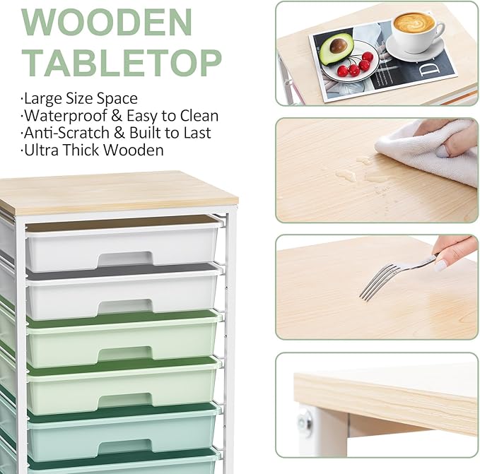 Rolling Storage Utility Cart Organizers with 8 Drawers and Wooden Tabletop for Living Room,Office,Classroom,Craft Room,Bedroom,Dorm,Green