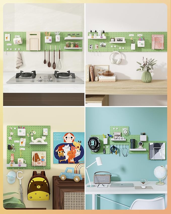 Metal Pegboard Combination Kit — 4 Carbon Steel Pegboards with 26 Accessories, Pegboard Wall Organizer for Home, Office, Study Room, Kitchen, Garage & Craft Room — 24″ × 24″ Green Peg Board