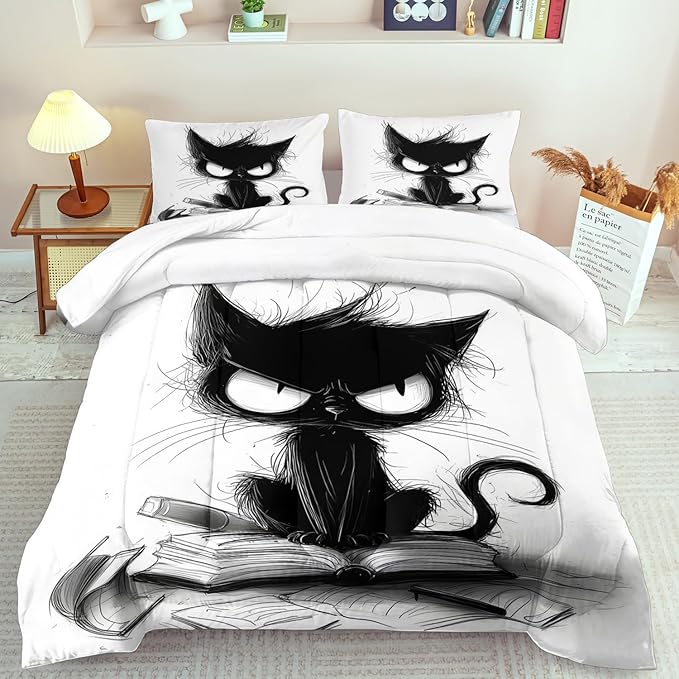 Cute Black Cat Comforter Set Full Size Cute Pet Bedding Set Boys Girls White and Black Comforter Cartoon Cat Quilt Animal Bedroom Decor Kawaii Animal Print Bedding Boys Kids