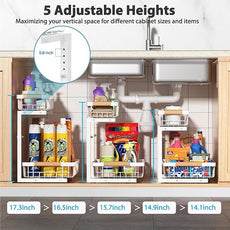 Under Sink Organizer 2 pack, 2 Tier Slide Out Under Sink Organizers And Storage, Height Adjustable Pull Out Cabinet Drawers, Kithcen Bathroom Metal Storage Caddy Shelf, White