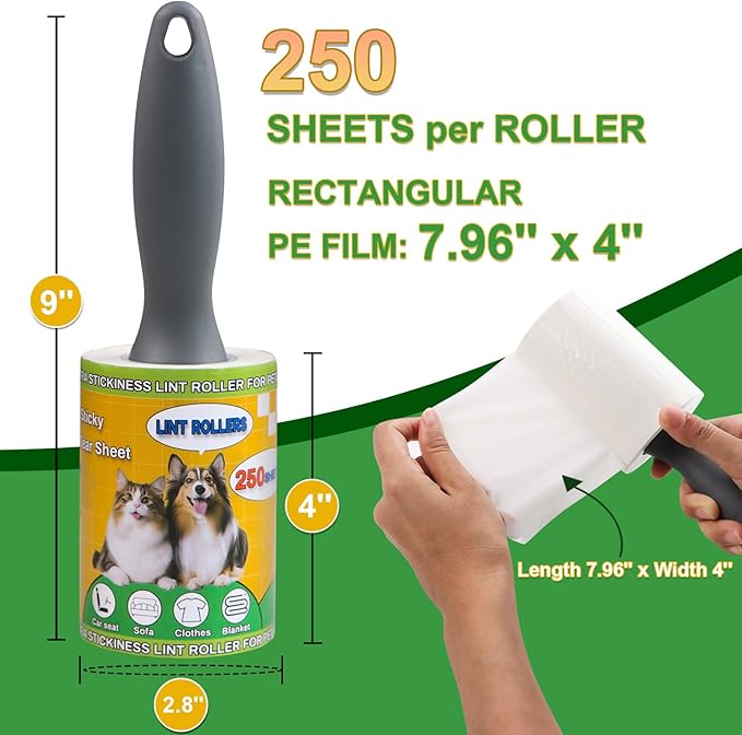 Lint Roller Pet Hair Value Pack of 250 Sheets, Extra Sticky Lint Remover for Dog & Cat Fur, Clothes, Furniture, Couches Reusable Lint Remover for Fuzz, Fluff & Hair(White)