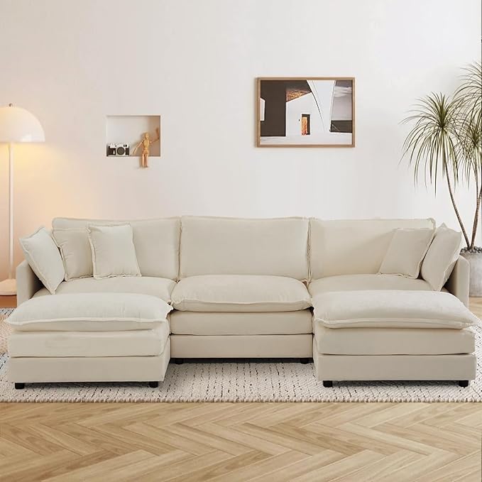 SoarFlash Chenille Sectional Sofa, Comfy L Shaped Modular Coush Sofa with Ottoman, Modern 3 Seat Couch Deep Seat Sofa Set for Living Room,Light Coffee