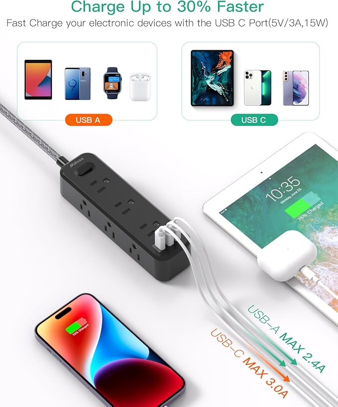 Mifaso Extension Cord, Surge Protector Power Strip, Long Extension Cord with 9 Outlets 3 USB Ports, Extension Cord with Multiple Outlets, USB Power Strip for Dorm Room Essentials, College(20FT, Black)